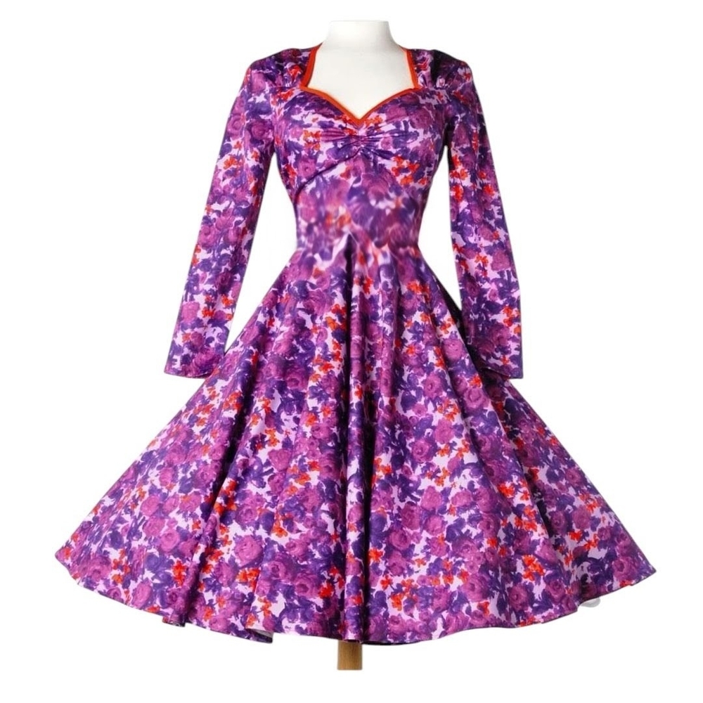 Pinup Couture Purple Floral Rose Heidi Swing Dress Size XS